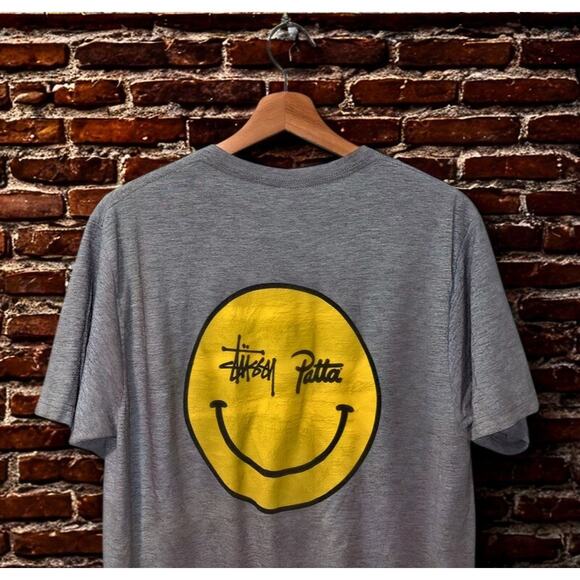 Stussy x Patta Smiley Tee Gray Yellow Logo Collab Graphic T-Shirt Men’s M Rare - Picture 4 of 9